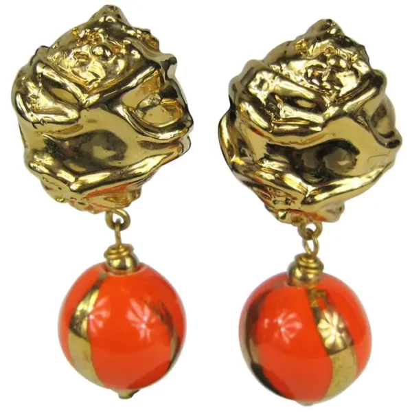 Dominique Aurientis Orange and Gold Hand Painted Earrings 1980s, New Never worn.