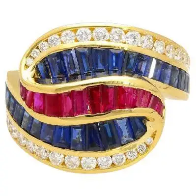 Multi Gem 3 Carat Baguette Cut Cluster Ruby, Blue Sapphire & Diamond Ring.