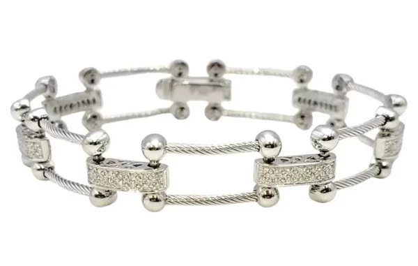 Philippe Charriol 18 Karat White Gold Pave Diamond Bar Cable Link Bracelet.