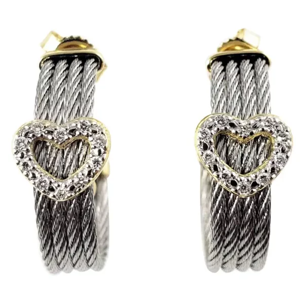 Phillipe Charriol Steel and 18 Karat Yellow Gold Diamond Heart Hoop Earrings.