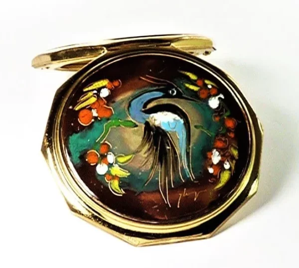 Rare Stratton Ceramic Bird Series Powder Compact Hand Painted Enamel Plaque 1960s