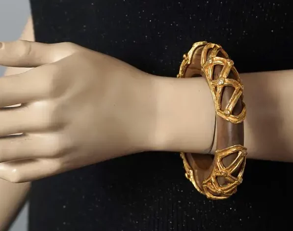 Vintage DOMINIQUE AURIENTIS Gilt Mesh Cage Wood Bangle Bracelet.