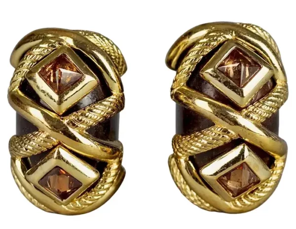 Vintage DOMINIQUE AURIENTIS Wood Gold Inlay Rhinestones Earrings.