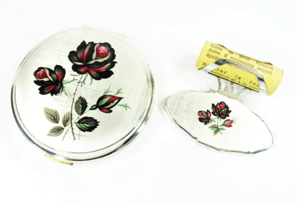 Vintage Stratton Compact Mirror And Lipstick Holder Set Red Black Silver 1970s.