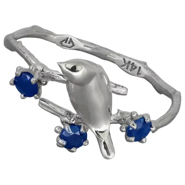 14k Gold Bird on Branch Ring with Sapphires.