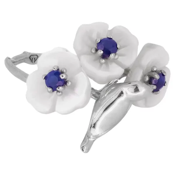 14k Gold Bird on Branch Ring with Sapphires and Carved Mother of Pearl Flowers.
