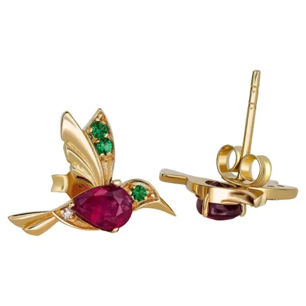 14k Gold Hummingbird Earings Studs with Rubies, Bird Stud Earrings with Gems.