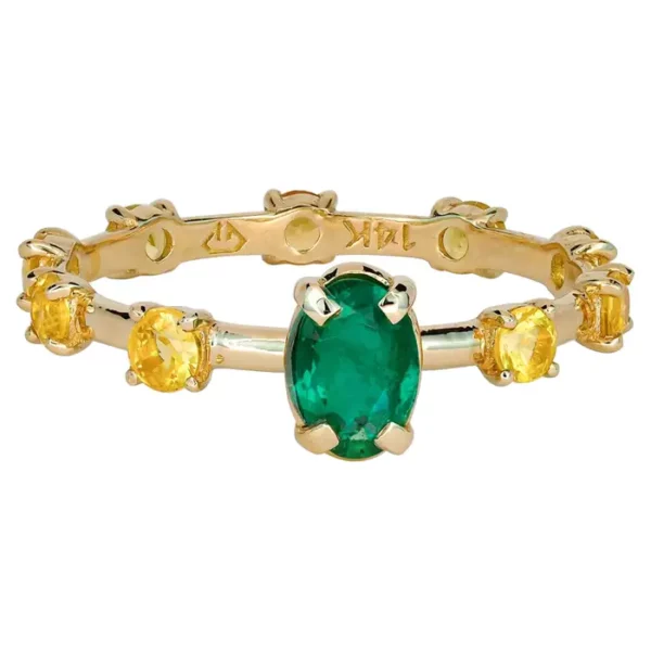 14k Gold Ring with Oval Emerald and Sapphires, Eternity Ring.