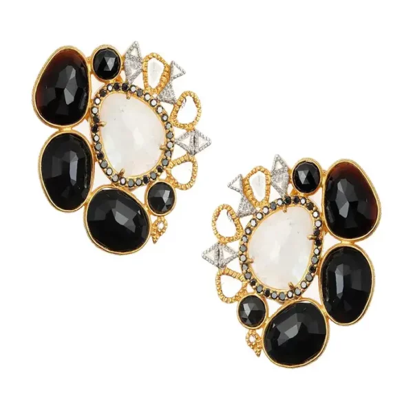 17.41 Carat Black Spinel Cluster Earrings with Rainbow Moonstone.