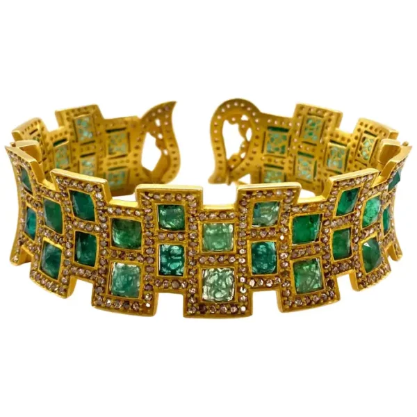 24.40 Carat Emerald Mosaic Art Deco Style Modern Coomi Cuff Bracelet.