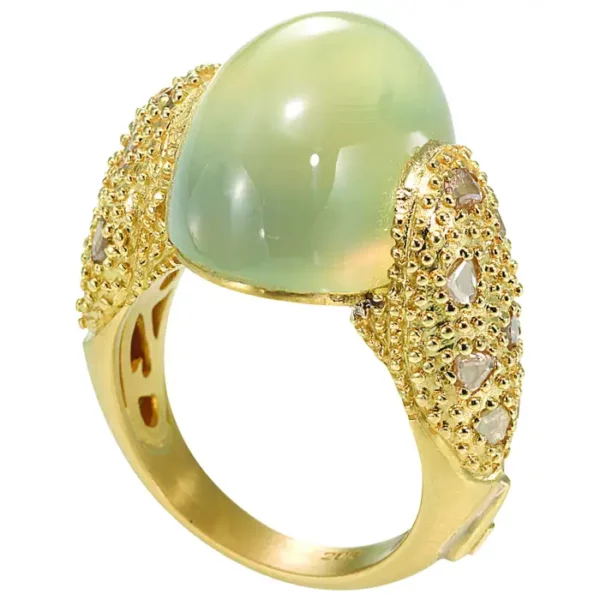 25.62 Carat Prehnite Cocktail Ring in 20K Yellow Gold with Rose Cut Diamonds.