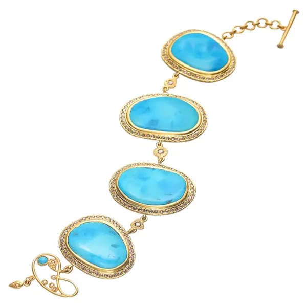 93.65 Carat Turquoise Nuggets Bracelet with Rose Cut Diamonds.