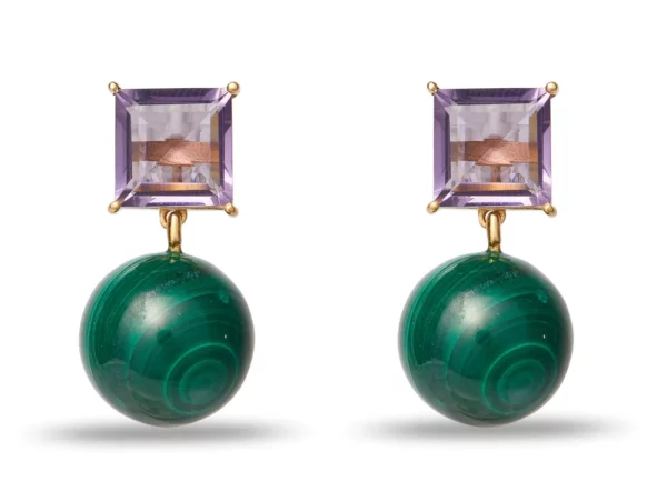 AMETHYST MALACHITE DECO EARRINGS.