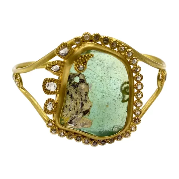 Ancient Aqua Roman Glass Cuff with Iridescent Patina and 1.55 Carat Diamonds.