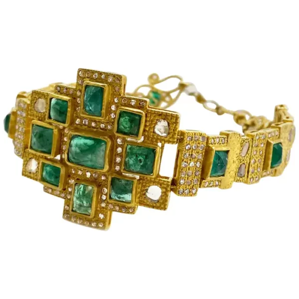 Art Deco Style Mosaic 10.05 Carat Emerald Statement Coomi Watch Style Bracelet.