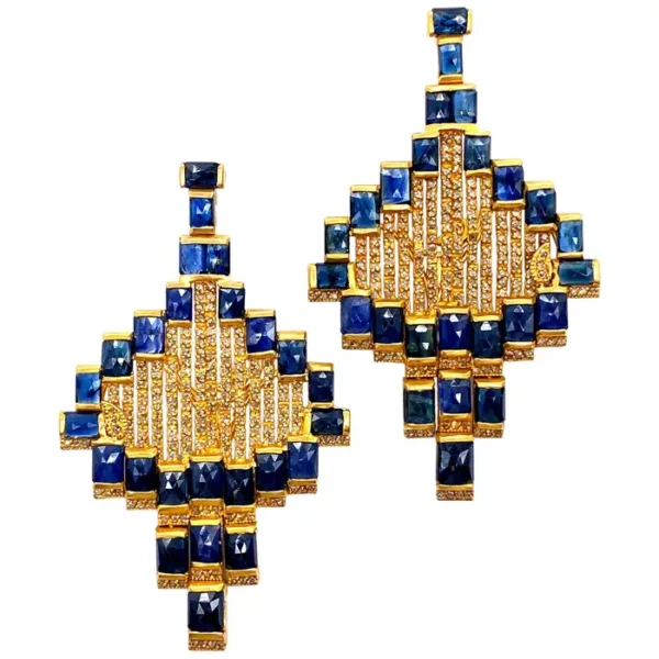 Art Deco Style Mosaic 20 Karat Yellow Gold Blue Sapphire Drop Coomi Earrings.