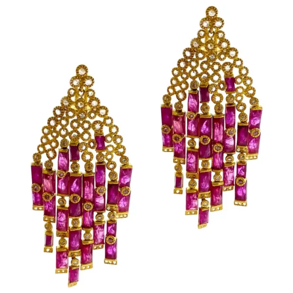 Art Deco Style Mosaic 31.36 carat Ruby Coomi Tassel Chandelier Earrings.