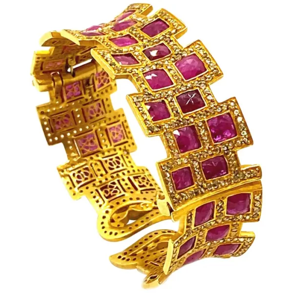 Art Deco Style Ruby Mosaic 20 Karat Yellow Gold Coomi Cuff Bracelet.