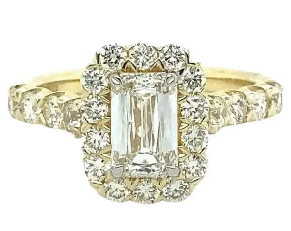 Christopher Designs Crisscut Emerald Cut Halo Diamond Engagement Ring, 18K YG.