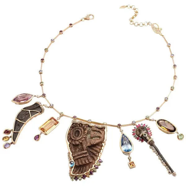 Coomi 20 Karat Gold Ancient Artifacts Charm Necklace with Multi Gemstones.