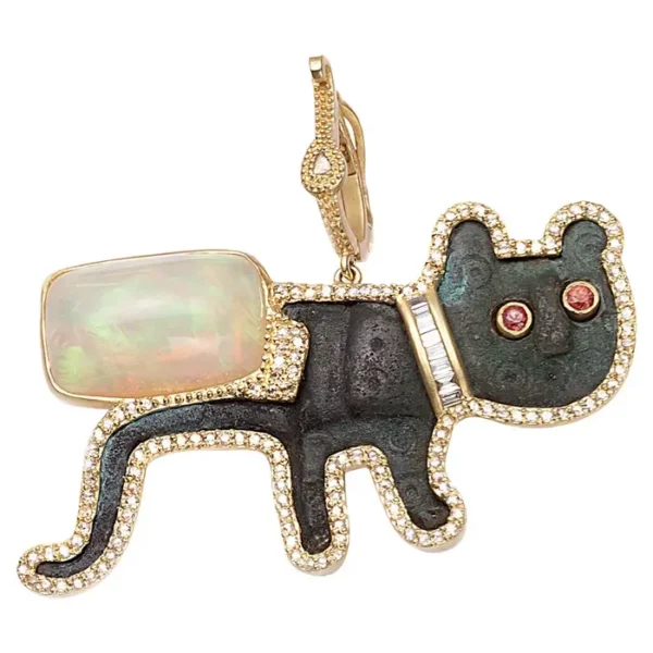 Coomi 20K Antique Feline Pendant with Diamonds, Opal, Emerald, and Sapphire.