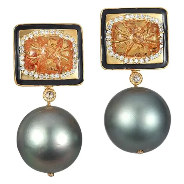 Coomi Carved Mandarin Garnet Gray South Sea Pearl Diamond 20Kt Gold Earrings.