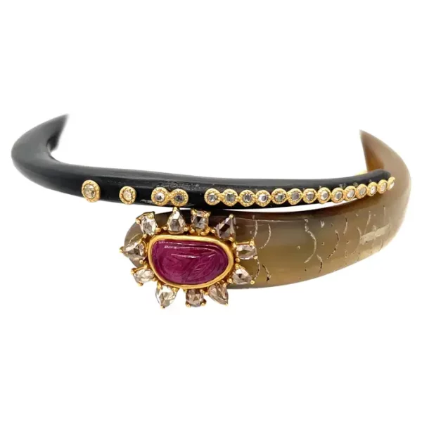 Coomi Horn Bangle Yellow Gold Ruby and Diamond.