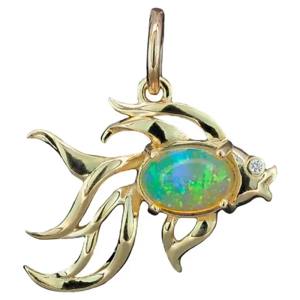Fish Design 14k Gold Pendant with Opal and Diamond.