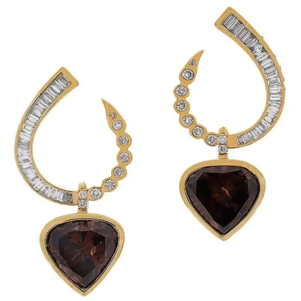 Heart Cut Brown Diamonds Set with White Diamonds Drop Earrings.
