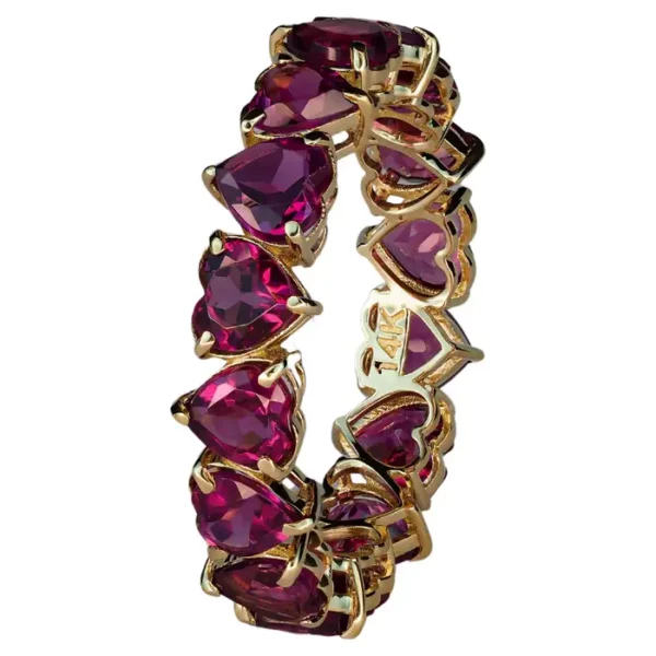 Heart garnet ring. 14k Gold Heart Eternity Ring with Heart Garnets.