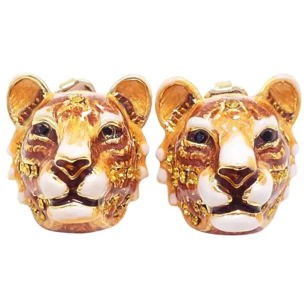 Jay Strongwater Call of the Wild Enamel Tiger Head Post Earrings in Gold.