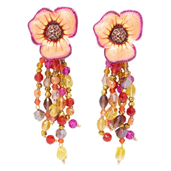 Jay Strongwater Enchanted Garden Drop Crystal Strand Enamel Flower Clip Earrings.