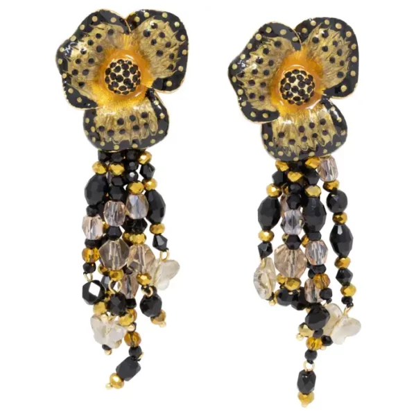Jay Strongwater Enchanted Garden Drop Crystal Strand Enamel Flower Post Earrings.