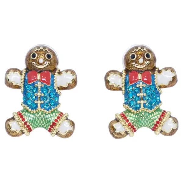 Jay Strongwater Gingerbread Man Enamel and Crystal Post Earrings in Gold.