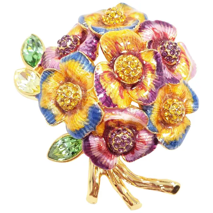 Jay Strongwater Pansy Flower Bouquet Enamel and Crystal Brooch, Pin, Pendant.