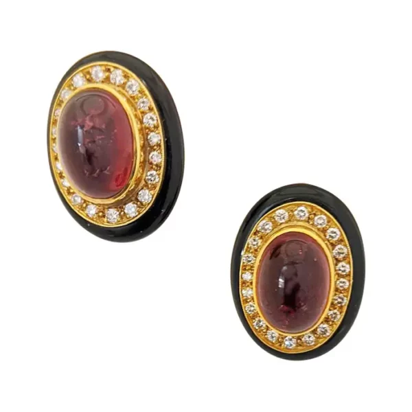 Lagos 18 Karat Gold, Pink Tourmaline Earrings with Diamonds and Black Onyx. Lagos 18 Karat Gold, Pink Tourmaline Earrings with Diamonds and Black Onyx.