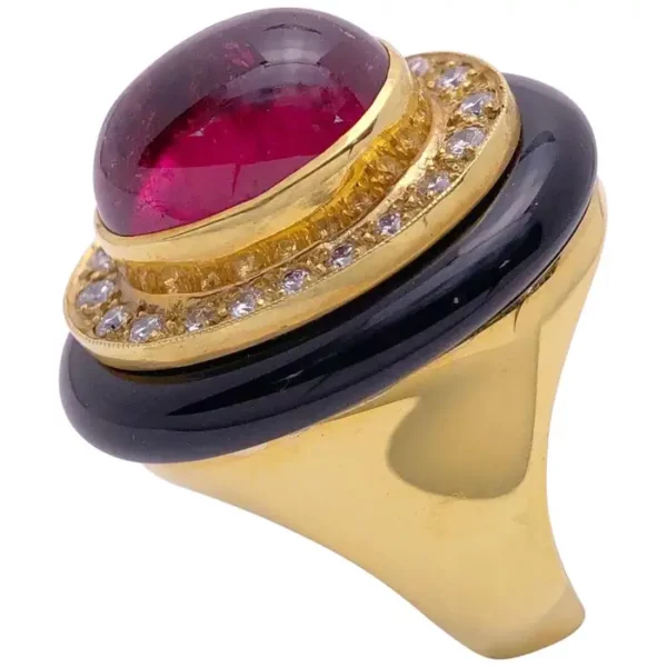 Lagos 18 Karat Gold Vintage Pink Tourmaline Ring with Diamonds and Black Onyx. Lagos 18 Karat Gold Vintage Pink Tourmaline Ring with Diamonds and Black Onyx.