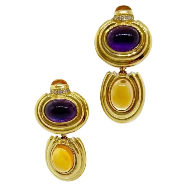 Lagos 18 Karat Yellow Gold Ear Clips with Cabochon Amethyst and Citrine. Lagos 18 Karat Yellow Gold Ear Clips with Cabochon Amethyst and Citrine.