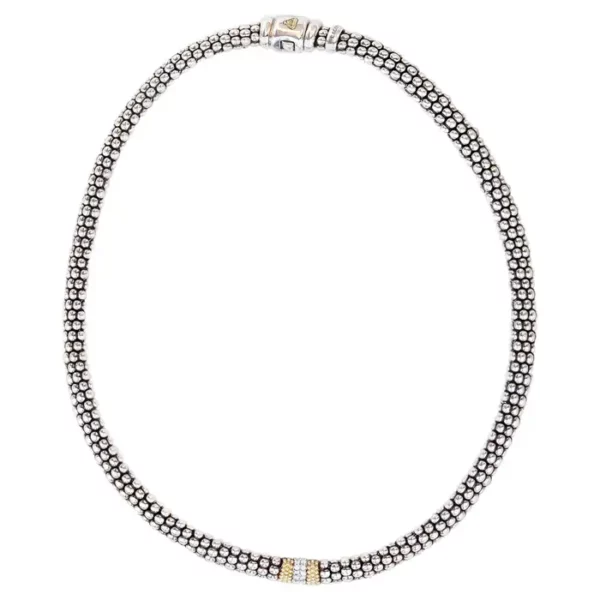 Lagos Caviar Beaded Single Station Diamond Sterling Silver 18 Karat YG Necklace. Lagos Caviar Beaded Single Station Diamond Sterling Silver 18 Karat YG Necklace.