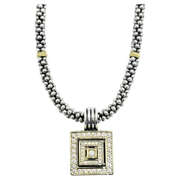 Lagos Caviar Sterling Silver and 18K Yellow Gold Diamond Square Pendant Necklace. Lagos Caviar Sterling Silver and 18K Yellow Gold Diamond Square Pendant Necklace.