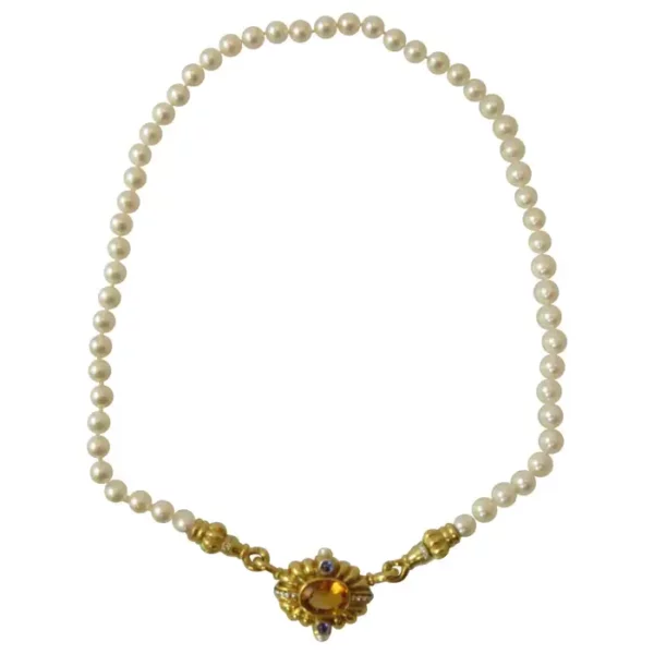 Lagos Citrine Diamond Gold Pendant attached to Cultured Pearls. Lagos Citrine Diamond Gold Pendant attached to Cultured Pearls.
