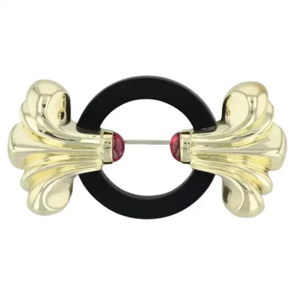Lagos Onyx & Pink Tourmaline Brooch 18k Yellow Gold 750 Ornate Statement. Lagos Onyx & Pink Tourmaline Brooch 18k Yellow Gold 750 Ornate Statement.