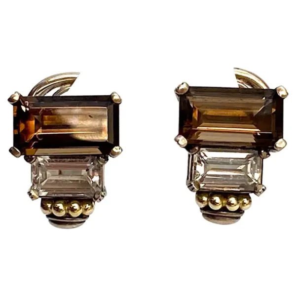 Lagos Sterling Silver, 18K Gold, White Sapphire & Smokey Quartz Earrings. Lagos Sterling Silver, 18K Gold, White Sapphire & Smokey Quartz Earrings.