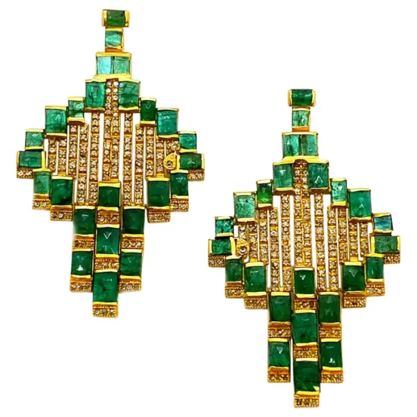 Mosaic Art Deco Style 20 Karat Yellow Gold Coomi Emerald Earrings.