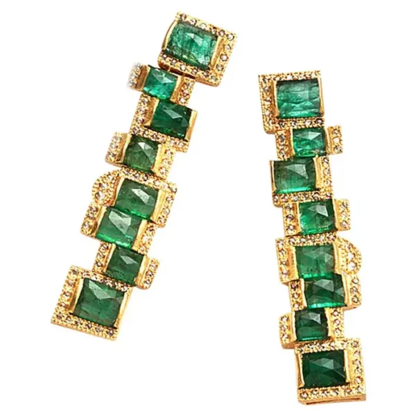 Mosaic Art Deco Style Emerald 20 Karat Yellow Gold Coomi Earrings.
