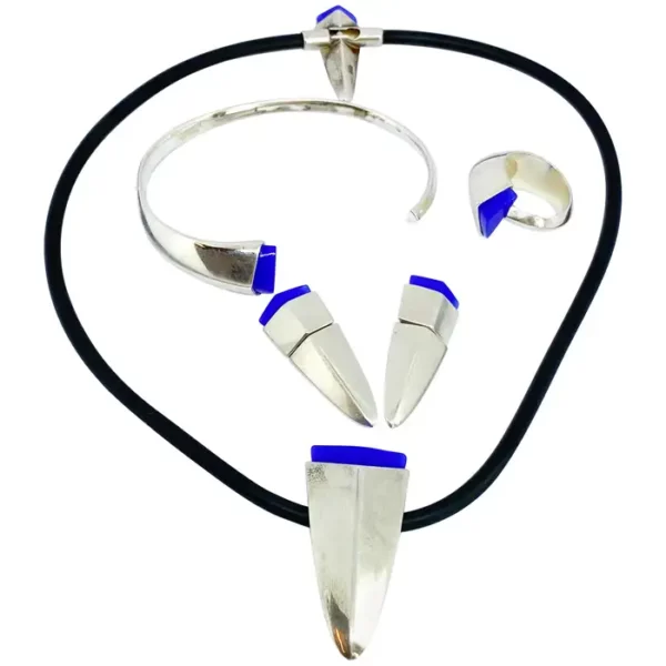 Ulla Poropudas 1986 Lapponia Finland 925 Silver Acrylic and Rubber Jewelery Set.