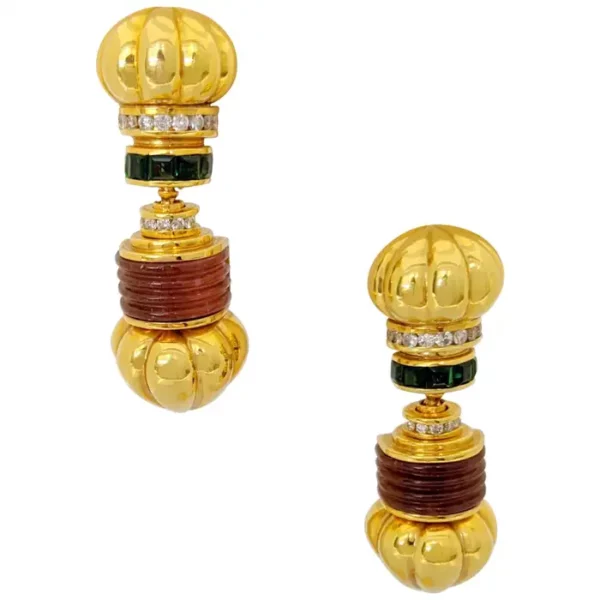 Vintage Lagos 18 Karat Yellow Gold Caviar Earrings with Tourmaline and Diamonds. Vintage Lagos 18 Karat Yellow Gold Caviar Earrings with Tourmaline and Diamonds.