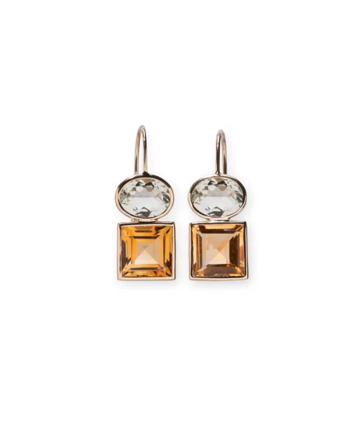 14k Gold Duo Earrings in Green Amethyst & Citrine. 14k Gold Duo Earrings in Green Amethyst & Citrine.