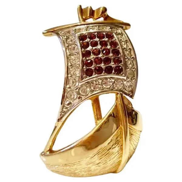 1980s Burberry Sailing Ship Pave Crystal Gold Plated Brooch Pin.