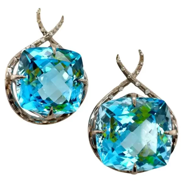 70ct Topaz Crocodile Drop earrings cushion cut in 18ct white gold.